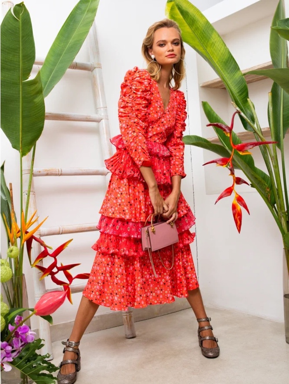 CeliaB Coral Floral Tiered Midi Dress